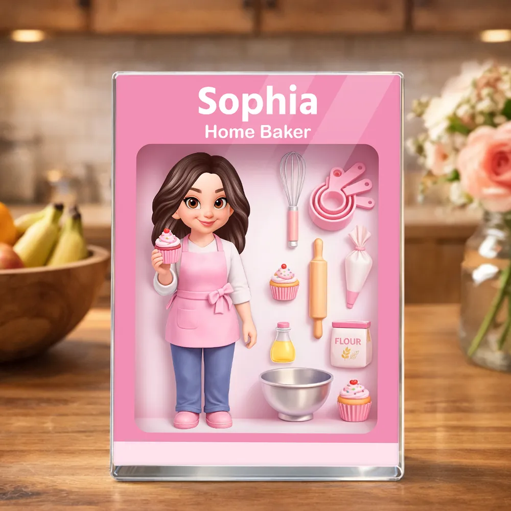 Personalized Home Baker Rectangle Acrylic Block Plaque for Kitchen Desk Decor, Sweet Pink Baking Scene, Unique Gift for Bakers - Image 6