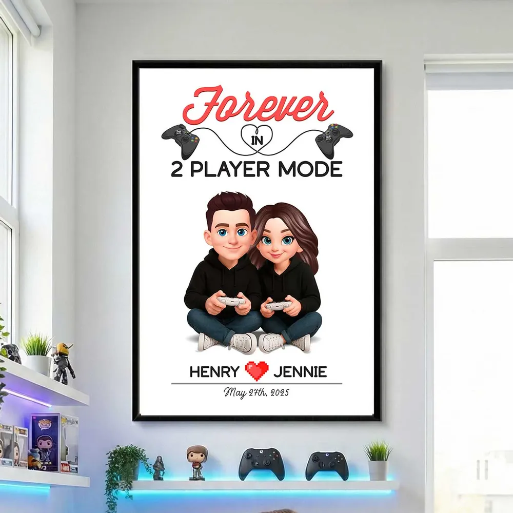 Personalized Gaming Couple Poster Forever In 2 Player Mode Sitting With Controllers Unique Gift For Him & Her - Image 8