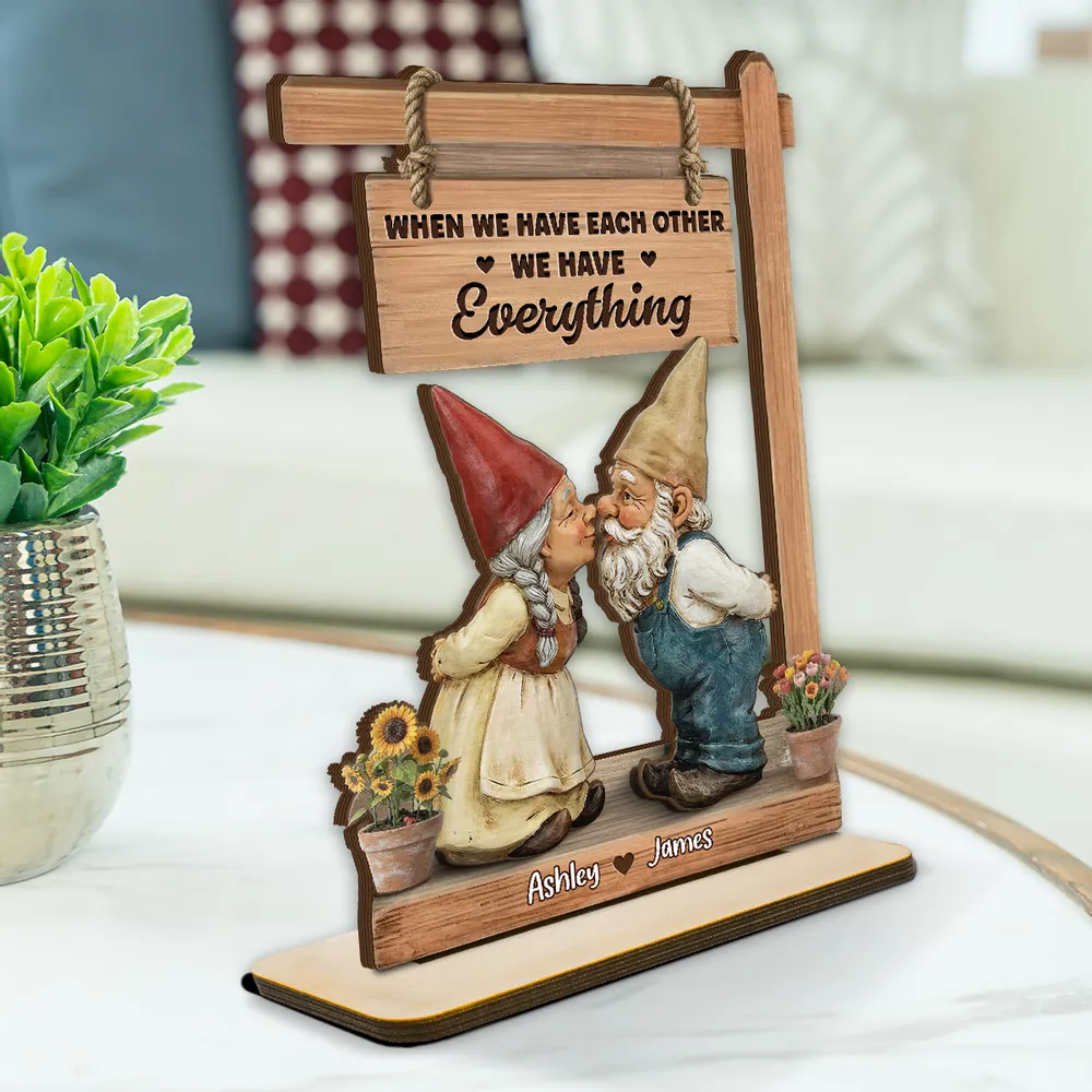 2-Layer Wooden Plaque with Kissing Gnomes and 'We Have Everything' Quote, Personalized Keepsake, Sweet Gift for Couples - Image 2