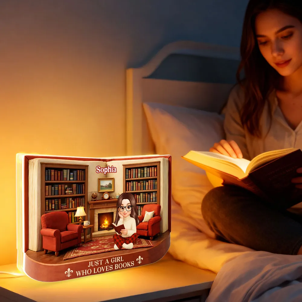 Personalized Acrylic Light Box Just A Girl Who Loves Books Cozy Reading Room Warm Glow Unique Gift for Book Lovers - Image 3