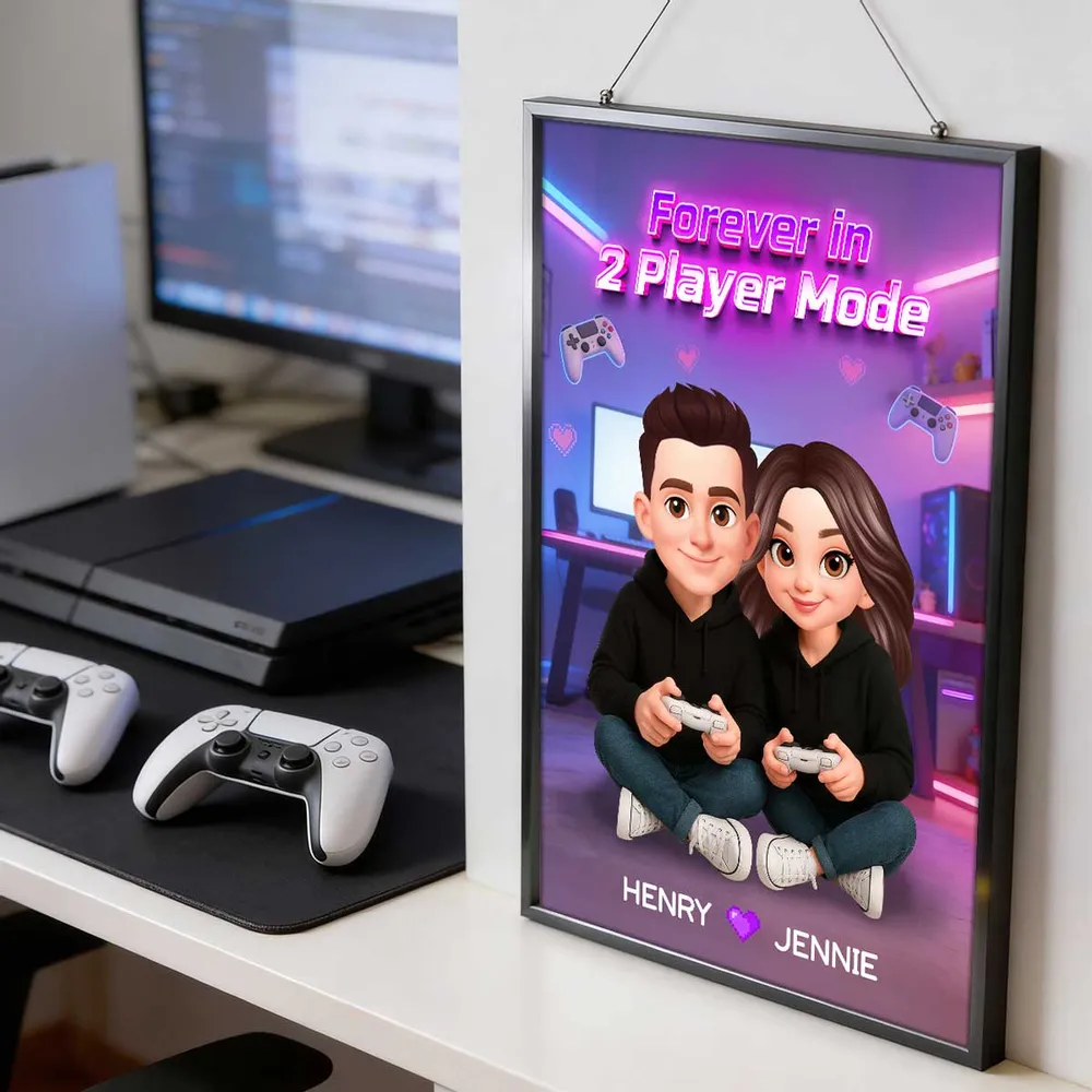Personalized Gamer Couple Poster Forever in 2 Player Mode Neon Game Room Wall Art Unique Gift for Him or Her - Image 3
