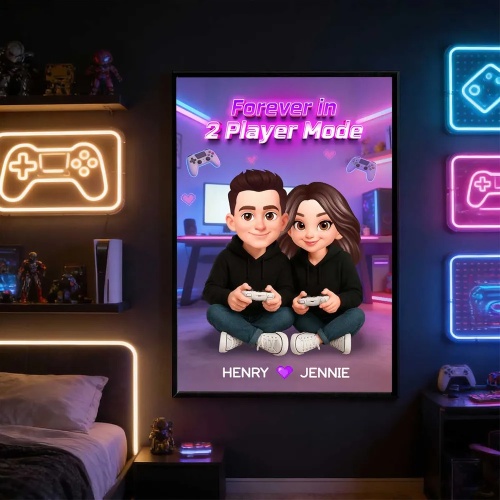 Personalized Gamer Couple Poster Forever in 2 Player Mode Neon Game Room Wall Art Unique Gift for Him or Her - Image 6