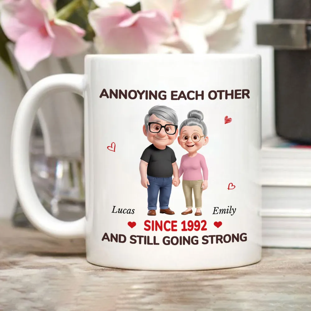 Personalized White Ceramic Mug with Cute Couple Cartoon and Hearts, Funny 'Annoying Each Other' Unique Gift for Couples - Image 3