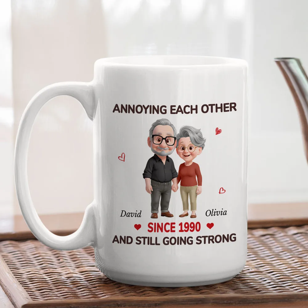 Personalized White Ceramic Mug with Cute Couple Cartoon and Hearts, Funny 'Annoying Each Other' Unique Gift for Couples - Image 5
