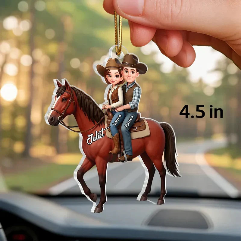 Personalized Acrylic Car Hanger Cute Cartoon Couple Riding a Horse, Unique Car Mirror Decor Gift for Horse Lovers - Image 2