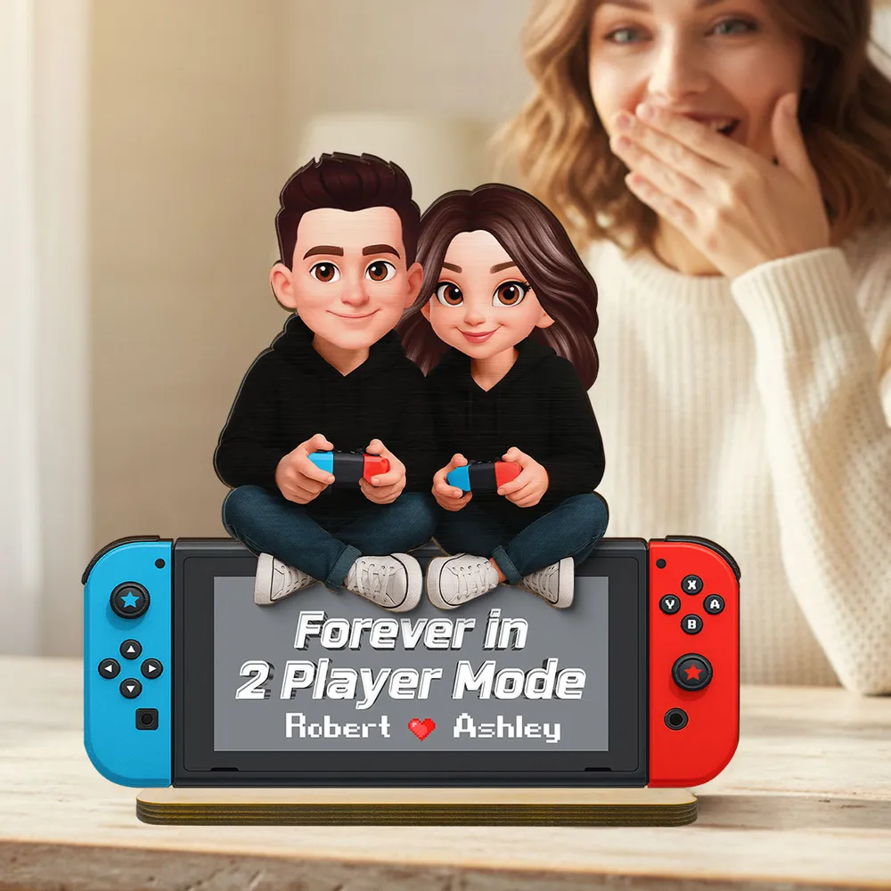 2-Layer Wooden Plaque Personalized Gaming Couple Sitting with Controllers - Forever in 2 Player Mode Romantic Gift for Gamers - Image 3