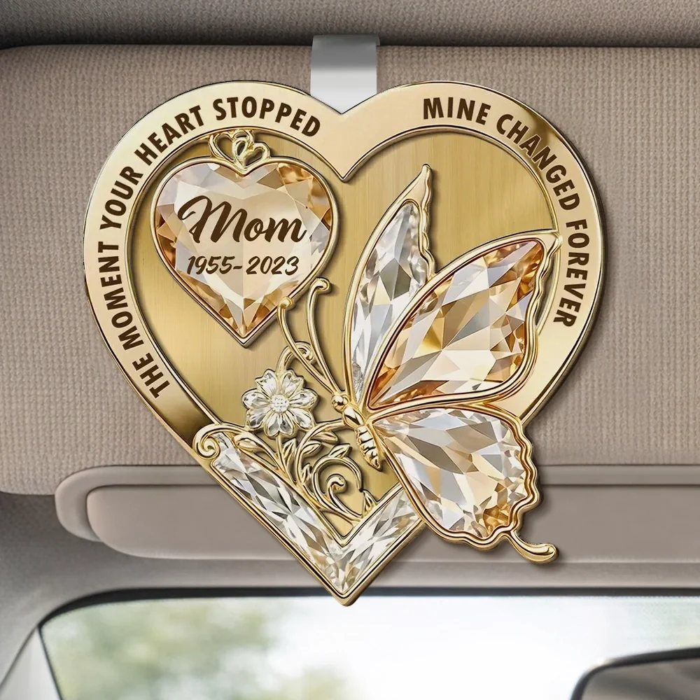 Personalized 2-Layer Wooden Car Visor Clip Heart Butterfly Memorial Gift for Mom - A Daily Reminder of Love