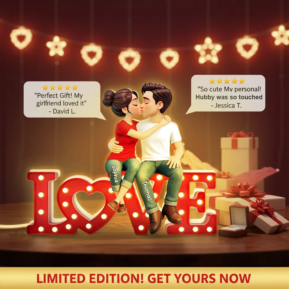 Personalized Acrylic Light Box with Kissing Couple on LOVE Sign, Warm Glow Bedroom Decor, Unique Gift for Him or Her - Image 3