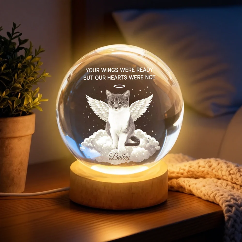 Personalized Crystal Ball LED Night Light Pet Memorial Gift, Angel Wings Quote, Warm Glow Bedside Keepsake
