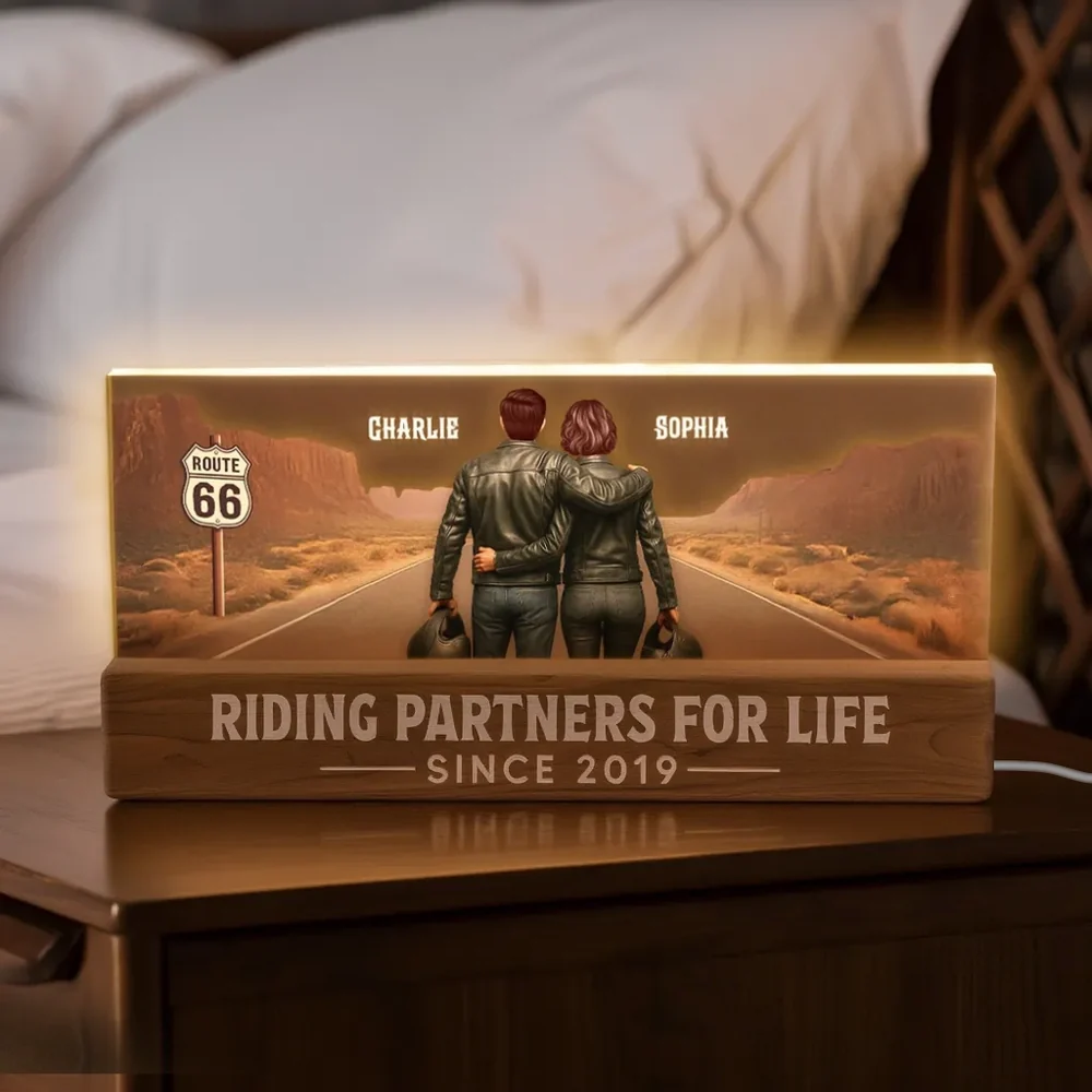 Personalized Block LED Light Plaque with Biker Couple Back View on Route 66, Warm Glow Bedroom Decor, Unique Gift for Couple