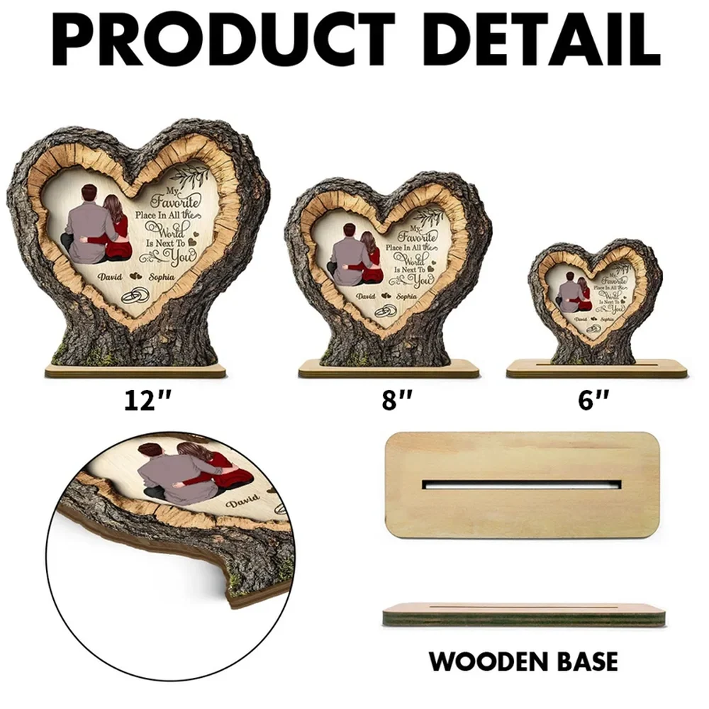 Personalized 2-Layer Wooden Plaque Heart Tree Ring Couple Hugging Unique Gift for Wife or Husband, My Favorite Place Is Next To You - Image 4