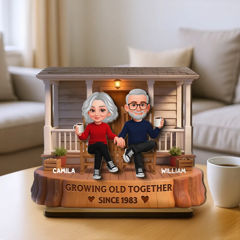 Personalized 2-Layer Wooden Plaque, Couple Holding Hands on a Cozy Front Porch, Growing Old Together, Unique Gift for Him & Her - Image 2