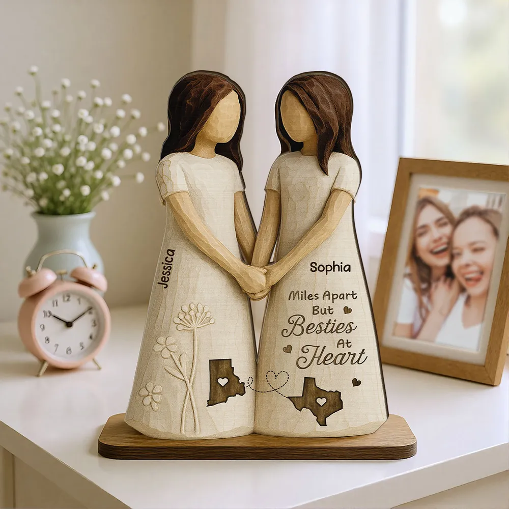 Personalized Wooden Plaque Besties At Heart Long-Distance Friends Holding Hands Rustic Shelf Decor Unique Gift - Image 2