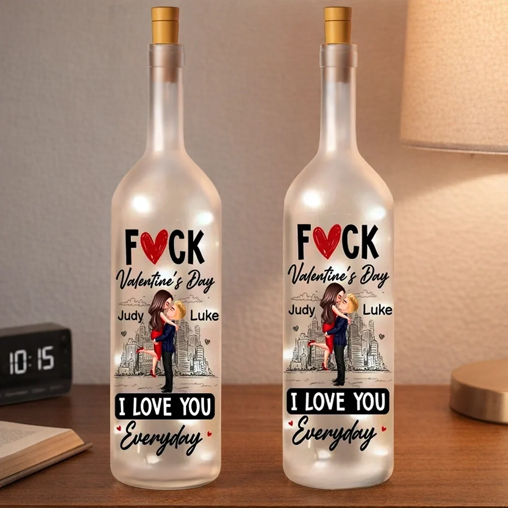 Personalized Bottle Lamp With Couple Hugging City Sketch, I Love You Everyday, Unique Valentine's Day Gift With Warm Glow