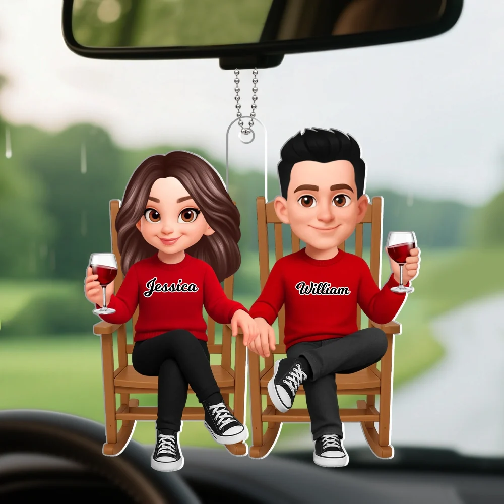 Personalized Acrylic Car Hanger Cute Cartoon Couple Toasting Wine Rearview Mirror Decor Unique Gift for Couples - Image 3