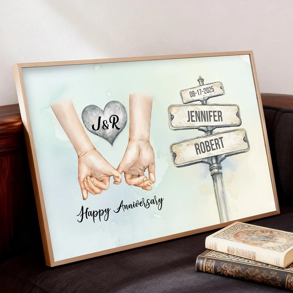 Personalized Anniversary Poster with Holding Hands Illustration, Custom Couple Wall Art, Unique Romantic Gift - Image 2