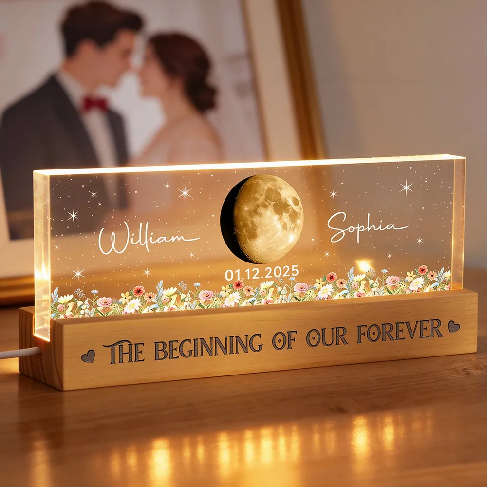 Personalized Moon Phase Block LED Light Plaque With Floral Stars, Romantic Bedside Decor, Unique Couple Gift - Image 6
