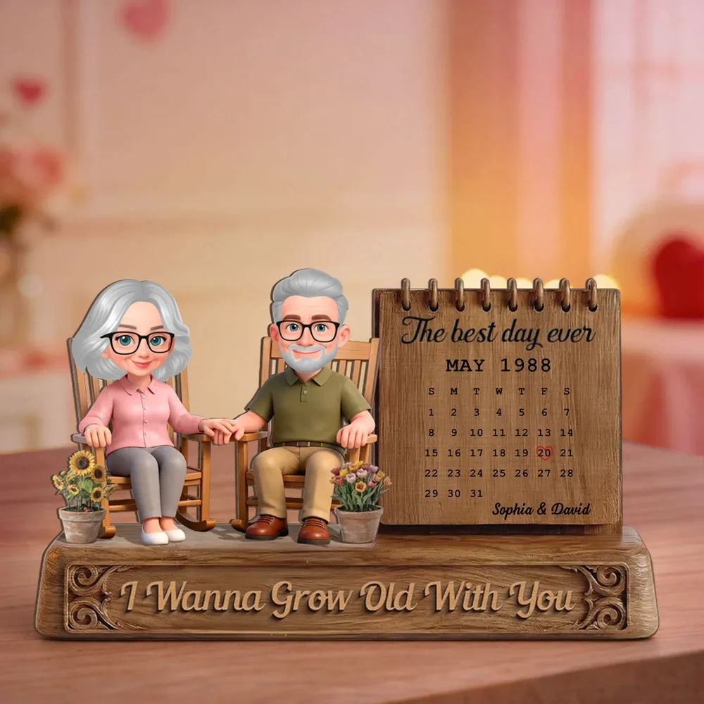 Personalized 2-Layer Wooden Plaque with Elderly Couple in Rocking Chairs and Calendar, Romantic Keepsake, Unique Gift for Wife or Husband - Image 2