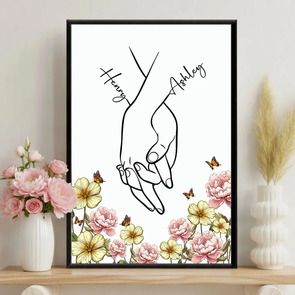 Personalized Couple Hand-Holding Line Art Poster with Floral Butterflies, Modern Minimal Wall Decor, Unique Gift for Him or Her