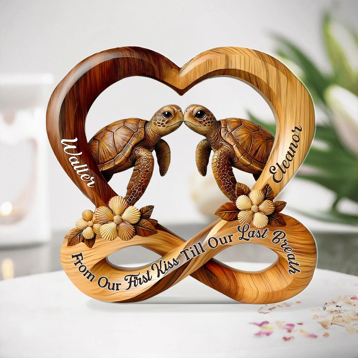 Personalized Shaped Acrylic Block Plaque Turtle Kiss in Heart Infinity Design - Unique Romantic Gift for Couples - Image 2