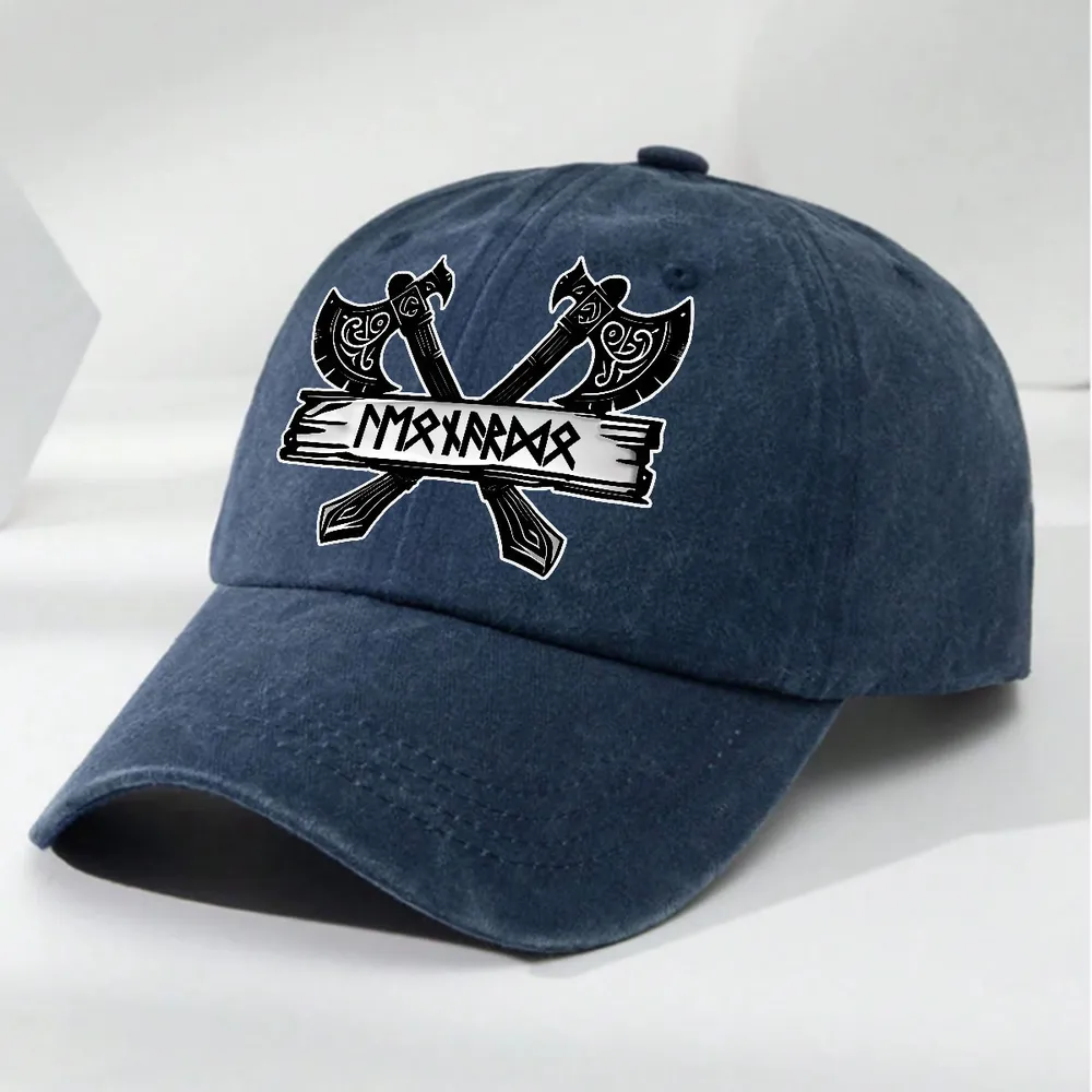 Washed Denim Baseball Cap with Crossed Viking Axes Rune Style, Personalized One of a Kind Everyday Sun Cap, Cool Gift - Image 2