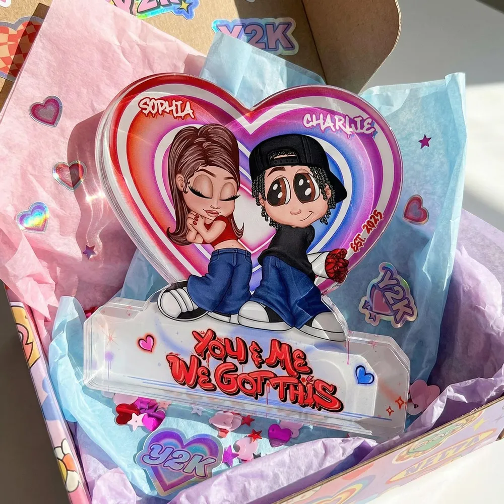 Personalized Shaped Acrylic Block Plaque Y2K Cartoon Couple With Roses, You & Me We Got This, Unique Gift for Boyfriend or Girlfriend - Image 7
