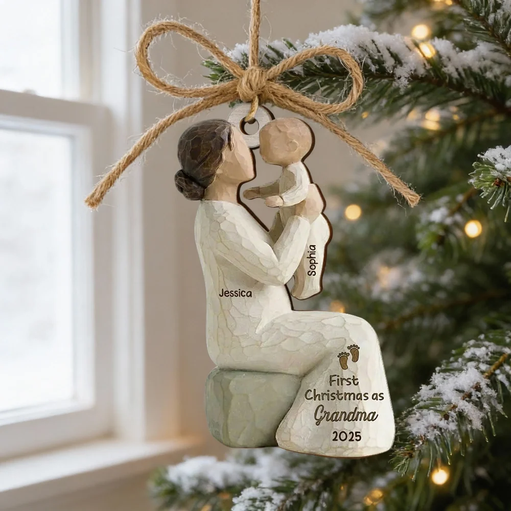Personalized Wooden Ornament, Mom Holding Baby Sculpted Keepsake, Warm Neutral Rustic Decor, Unique Gift for New Mom or Grandma