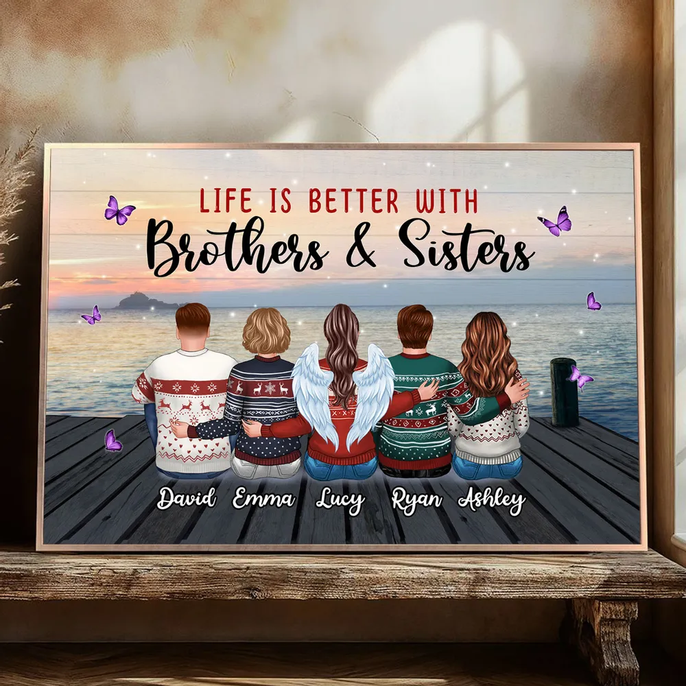 Personalized Brothers & Sisters Sunset Dock Poster, Sitting Siblings Wall Art, Unique Gift for Family - Image 2