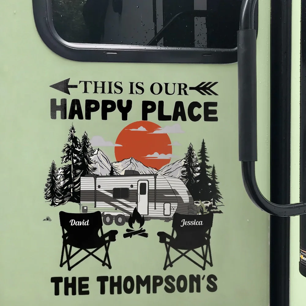 Personalized Happy Place RV Camping Sticker Decal With Custom Family Name, Mountain Sunset Scene, Unique Gift