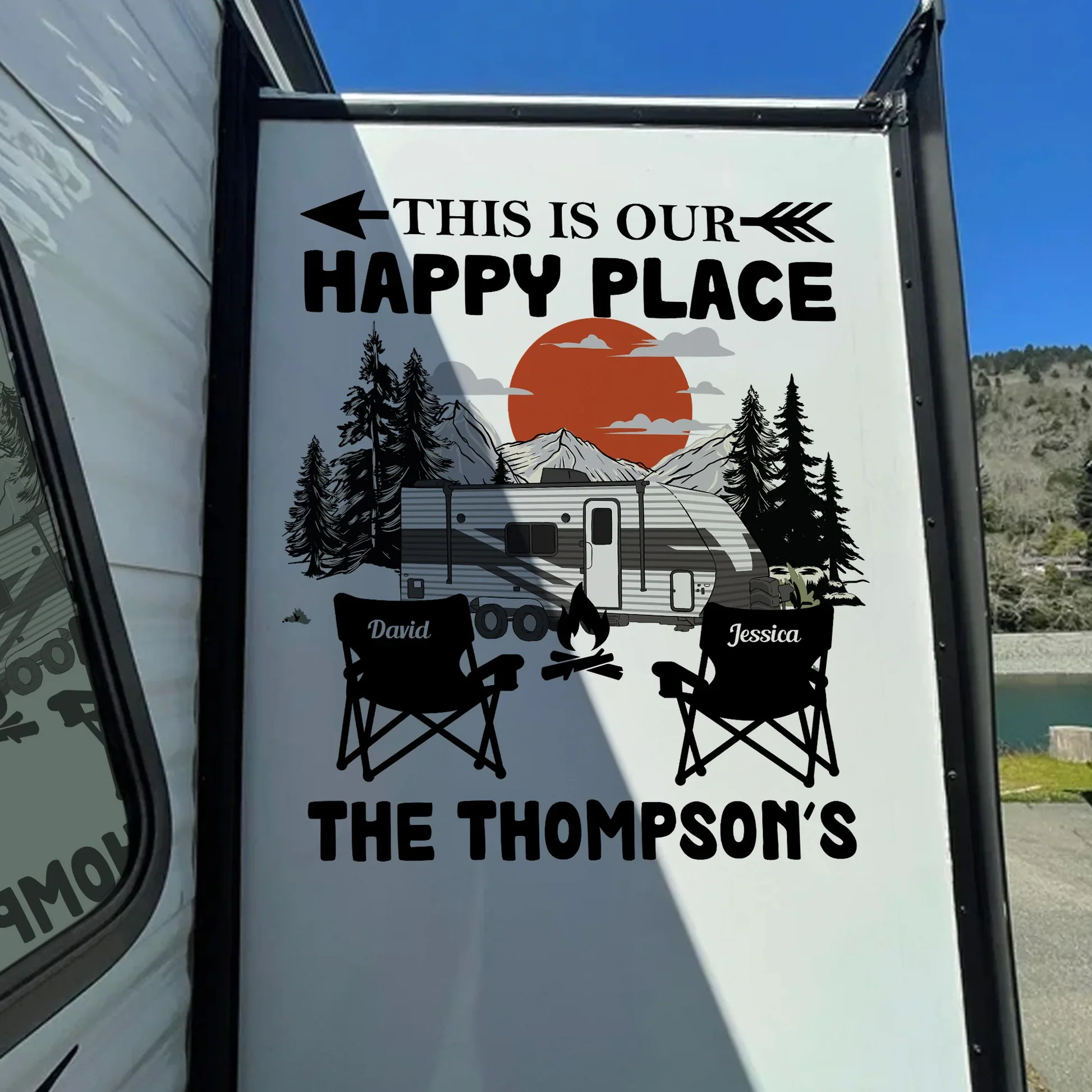 Personalized Happy Place RV Camping Sticker Decal With Custom Family Name, Mountain Sunset Scene, Unique Gift - Image 2