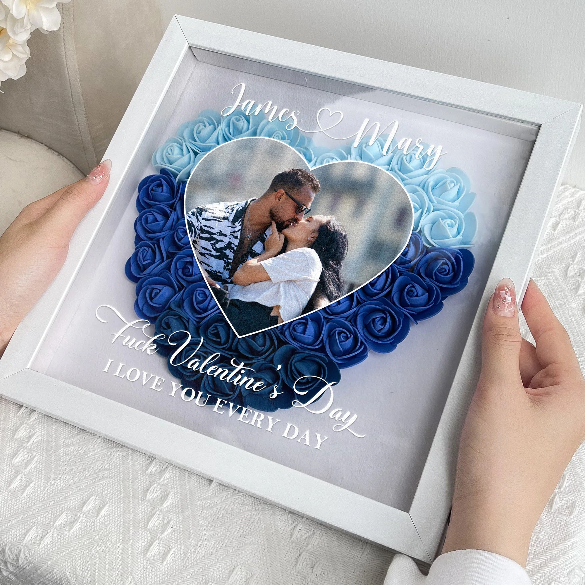 Personalized Flower Shadow Box with Heart Photo for Kissing Couple Romantic Home Display Unique Gift for Wife or Husband - Image 5