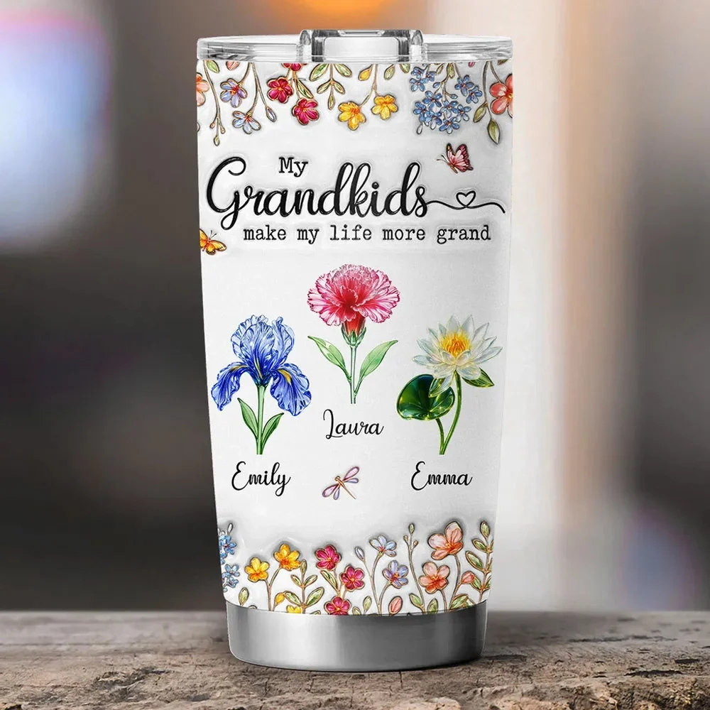 Personalized Insulated Travel Tumbler with Grandkids Floral Design, Sweet Grandma Gift for Coffee Runs and Hydration On the Go - Image 3