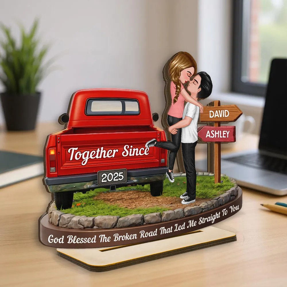 Personalized 2-Layer Wooden Plaque with Kissing Couple by Red Truck Together Since for a Unique Romantic Gift - Image 7