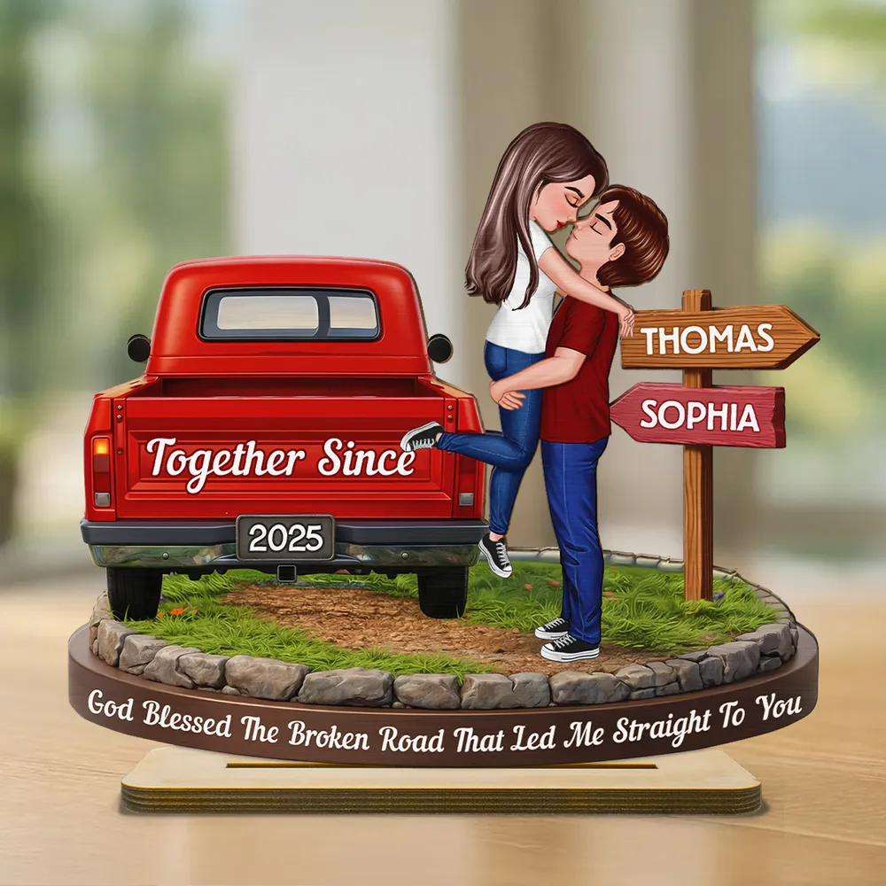 Personalized 2-Layer Wooden Plaque with Kissing Couple by Red Truck Together Since for a Unique Romantic Gift - Image 9