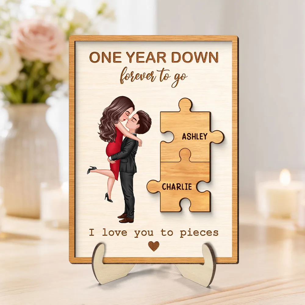 Personalized 2-Layer Wooden Plaque with Kissing Couple and Puzzle Pieces, Romantic Keepsake, Unique Gift for Couple - Image 3