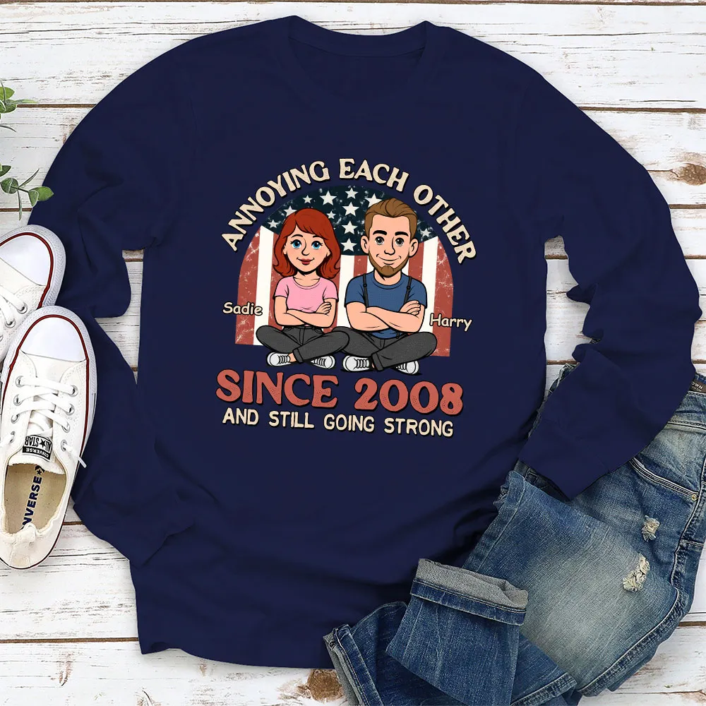 Personalized Classic Tee With Funny Couple Cartoon and USA Flag Backdrop - Unique Anniversary Gift - Image 2