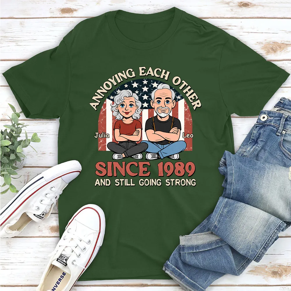 Personalized Classic Tee With Funny Couple Cartoon and USA Flag Backdrop - Unique Anniversary Gift - Image 4