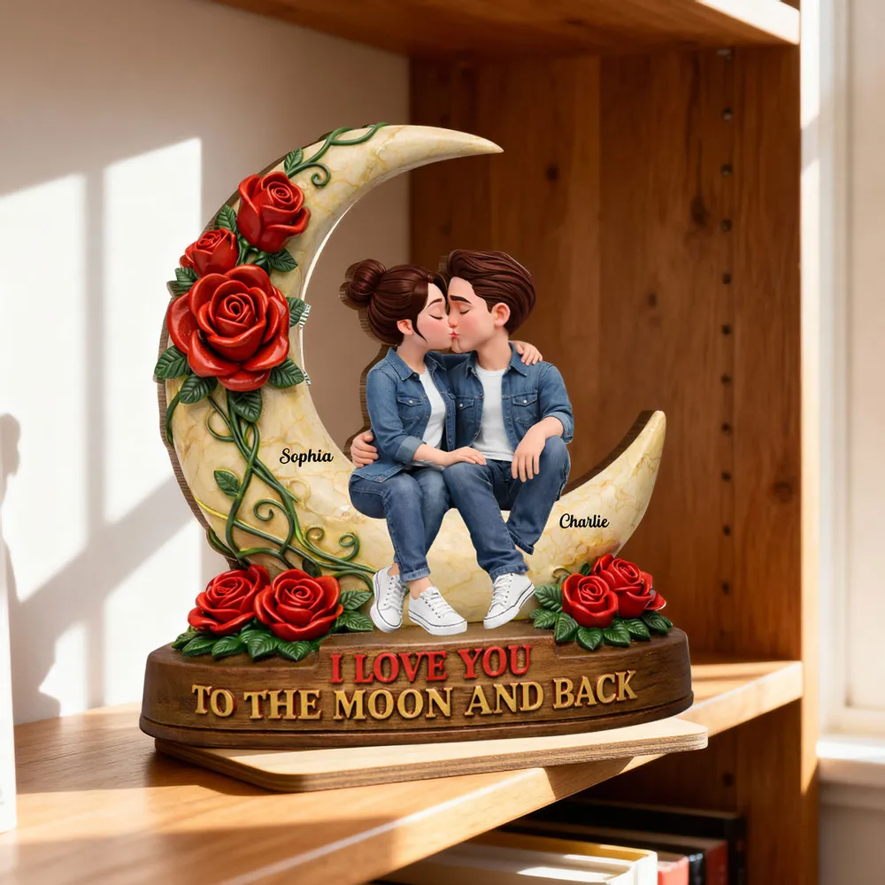 Personalized 2-Layer Wooden Plaque Kissing Couple on Crescent Moon Romantic Unique Gift for Wife or Girlfriend - Image 2