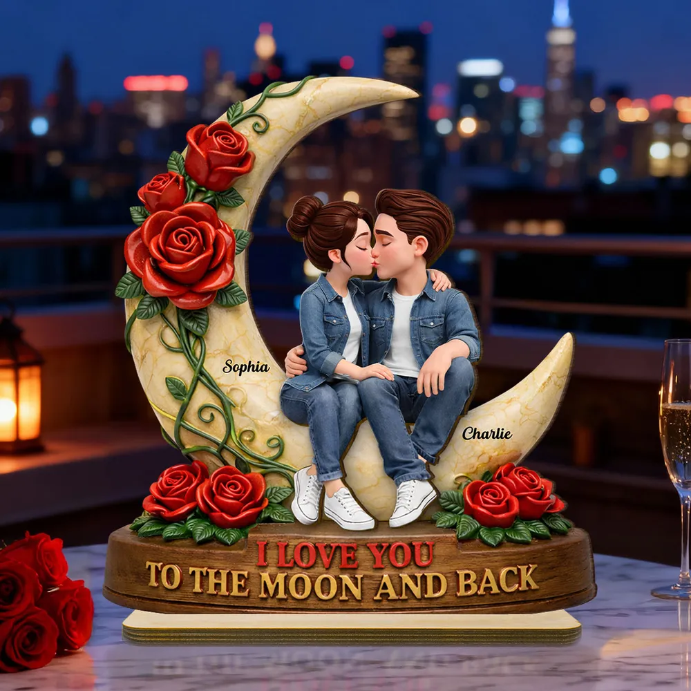 Personalized 2-Layer Wooden Plaque Kissing Couple on Crescent Moon Romantic Unique Gift for Wife or Girlfriend - Image 3