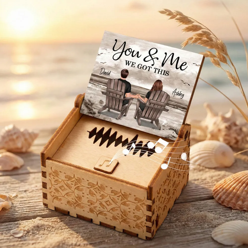 Personalized Wooden Music Box with Beach Couple Sitting in Chairs, You & Me Quote, Unique Romantic Gift for Couple - Image 5