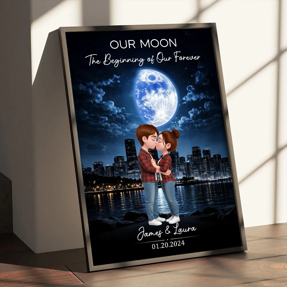 Our Moon Romantic Poster with Kissing Couple by the City Skyline, Personalized Keepsake Wall Art, Unique Wedding Gift - Image 5