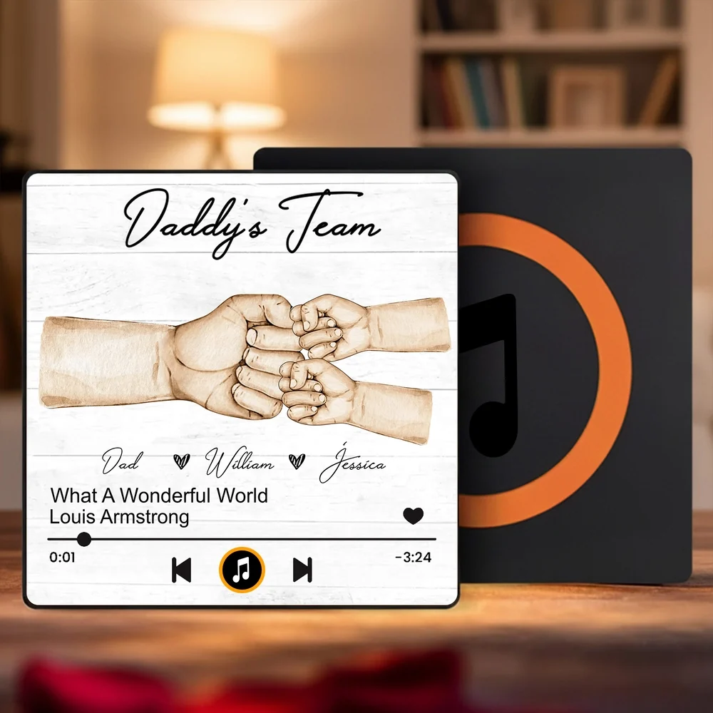 Personalized Acrylic Music Magnet with Daddy's Team Hand Fist Bump - Unique Gift for Dad for Fridge Decor