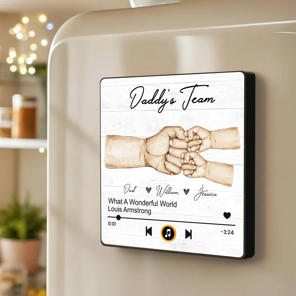Personalized Acrylic Music Magnet with Daddy's Team Hand Fist Bump - Unique Gift for Dad for Fridge Decor - Image 2