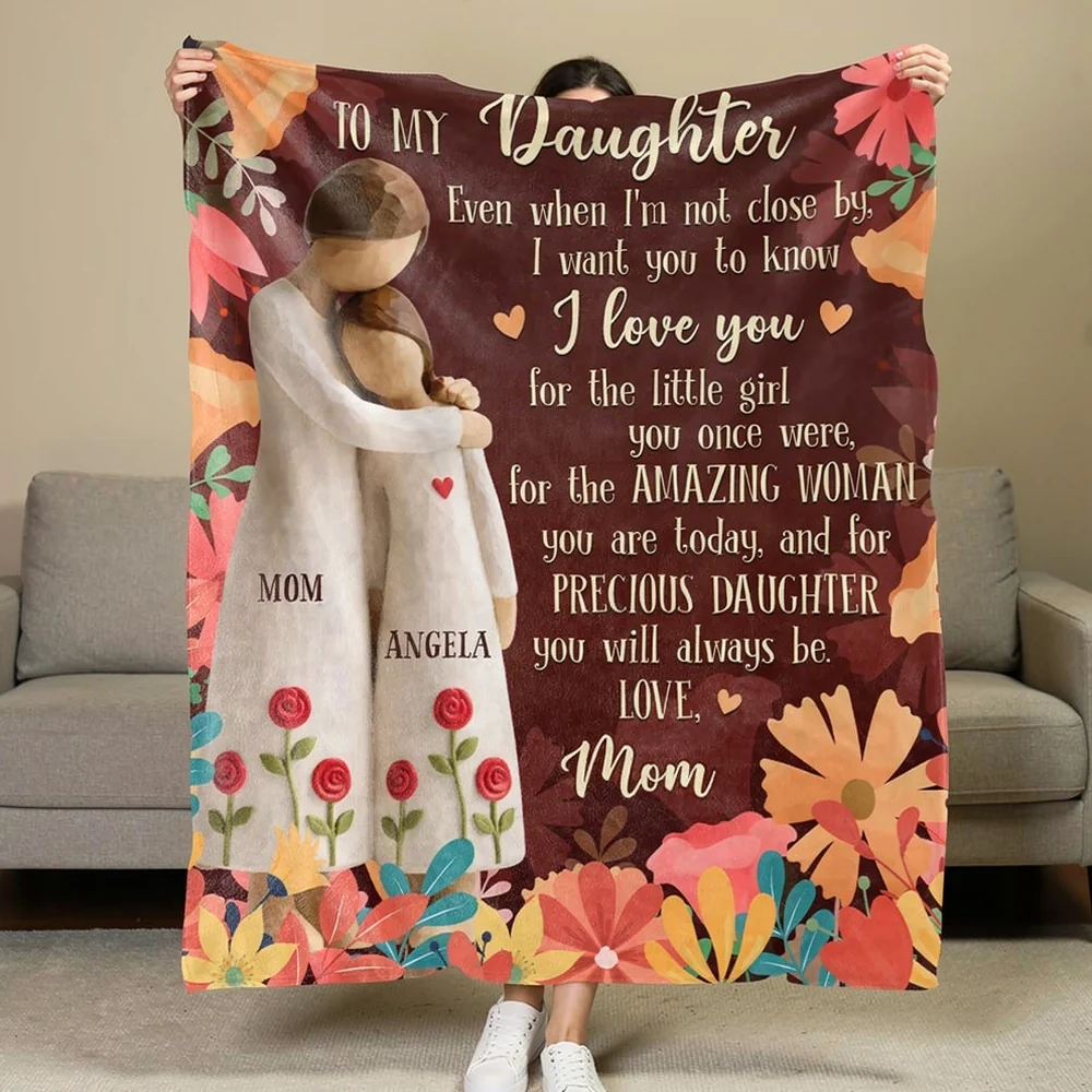 To My Daughter Message Fleece Blanket, Warm Floral Hug Design, Heartwarming Personalized Unique Gift from Mom
