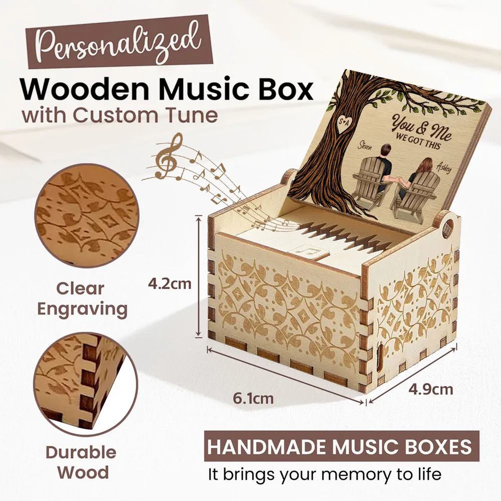 Personalized Wooden Music Box with You & Me Couple Under Tree Scene, Sweet Romantic Keepsake, Unique Gift for Couples - Image 4