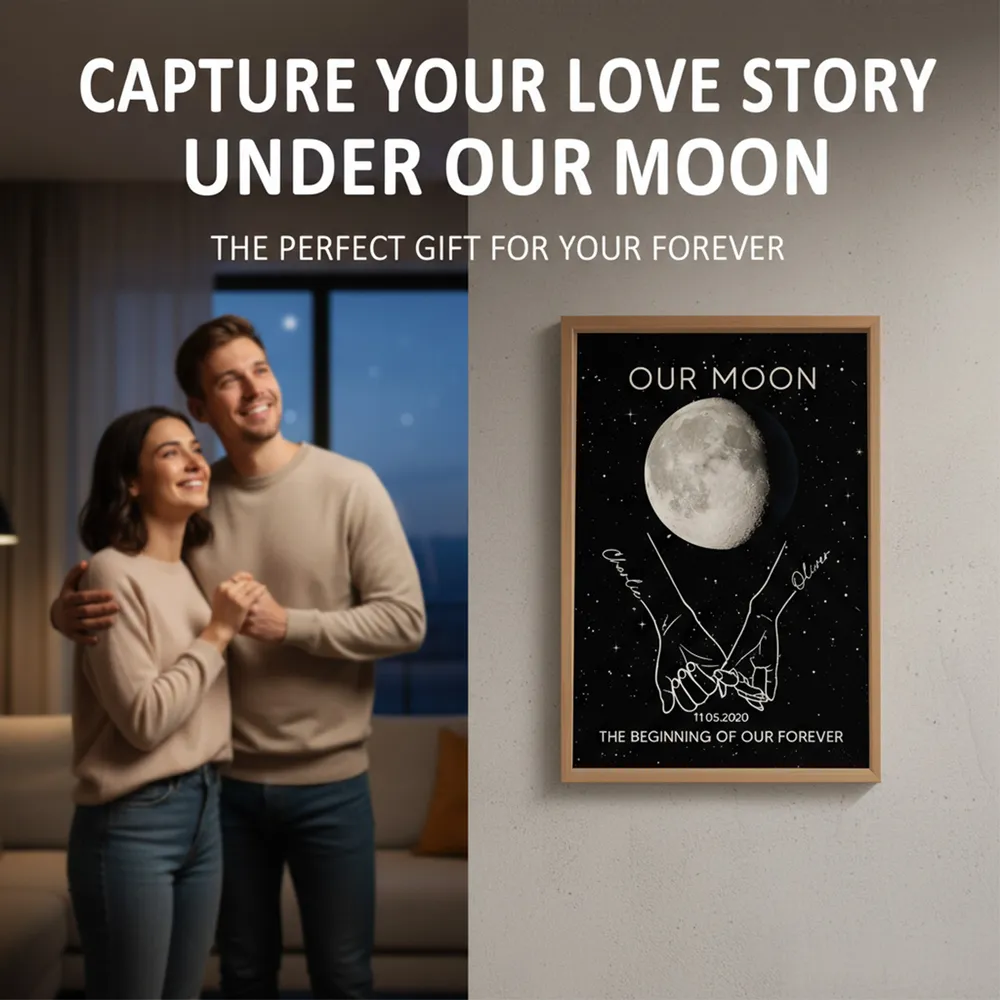 Personalized Moon Phase Couple Holding Hands Line Art Poster, Romantic Starry Night Wall Decor, Unique Gift - Image 5