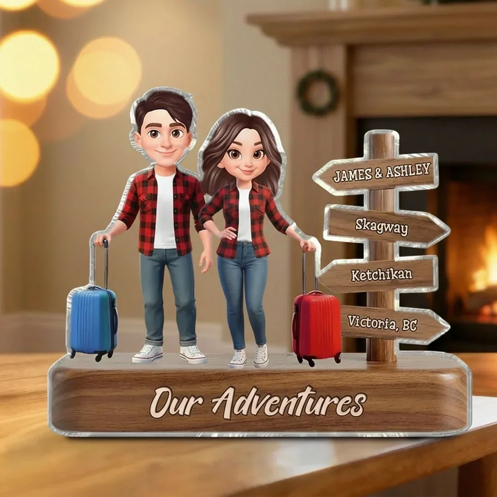 Personalized Couple Travel Shaped Acrylic Block Plaque With Suitcases And Signpost Shelf Decor Unique Gift For Travelers