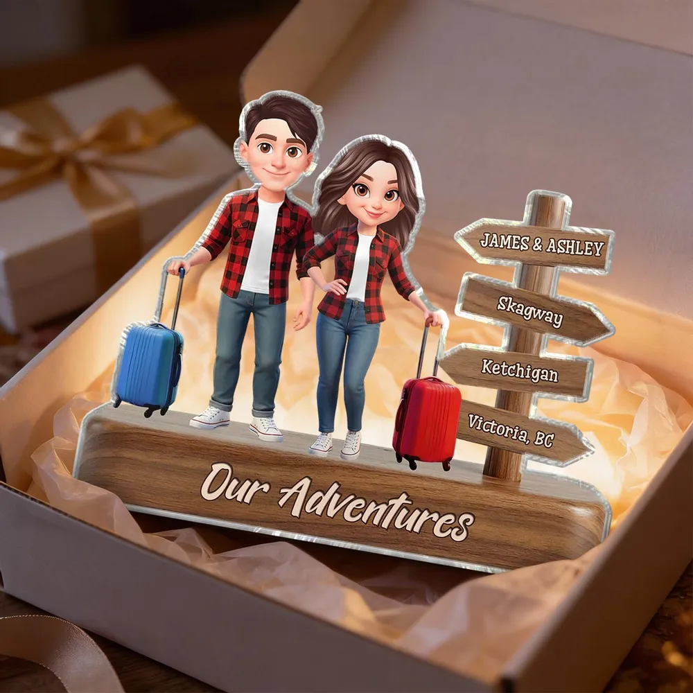 Personalized Couple Travel Shaped Acrylic Block Plaque With Suitcases And Signpost Shelf Decor Unique Gift For Travelers - Image 5