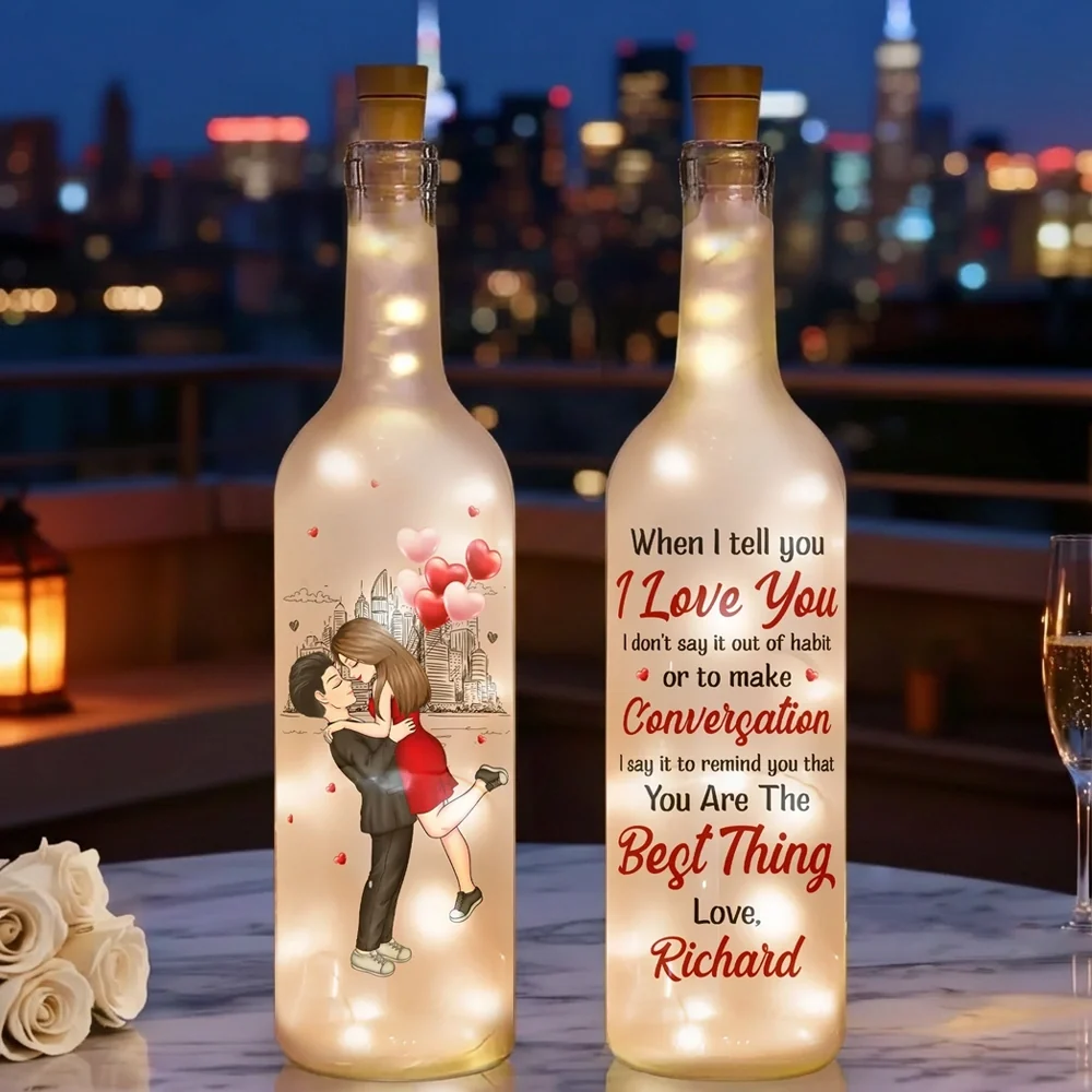 Personalized Bottle Lamp With Romantic Love Quote, Kissing Couple City Sketch, Warm Glow Bedroom Decor, Unique Gift for Her