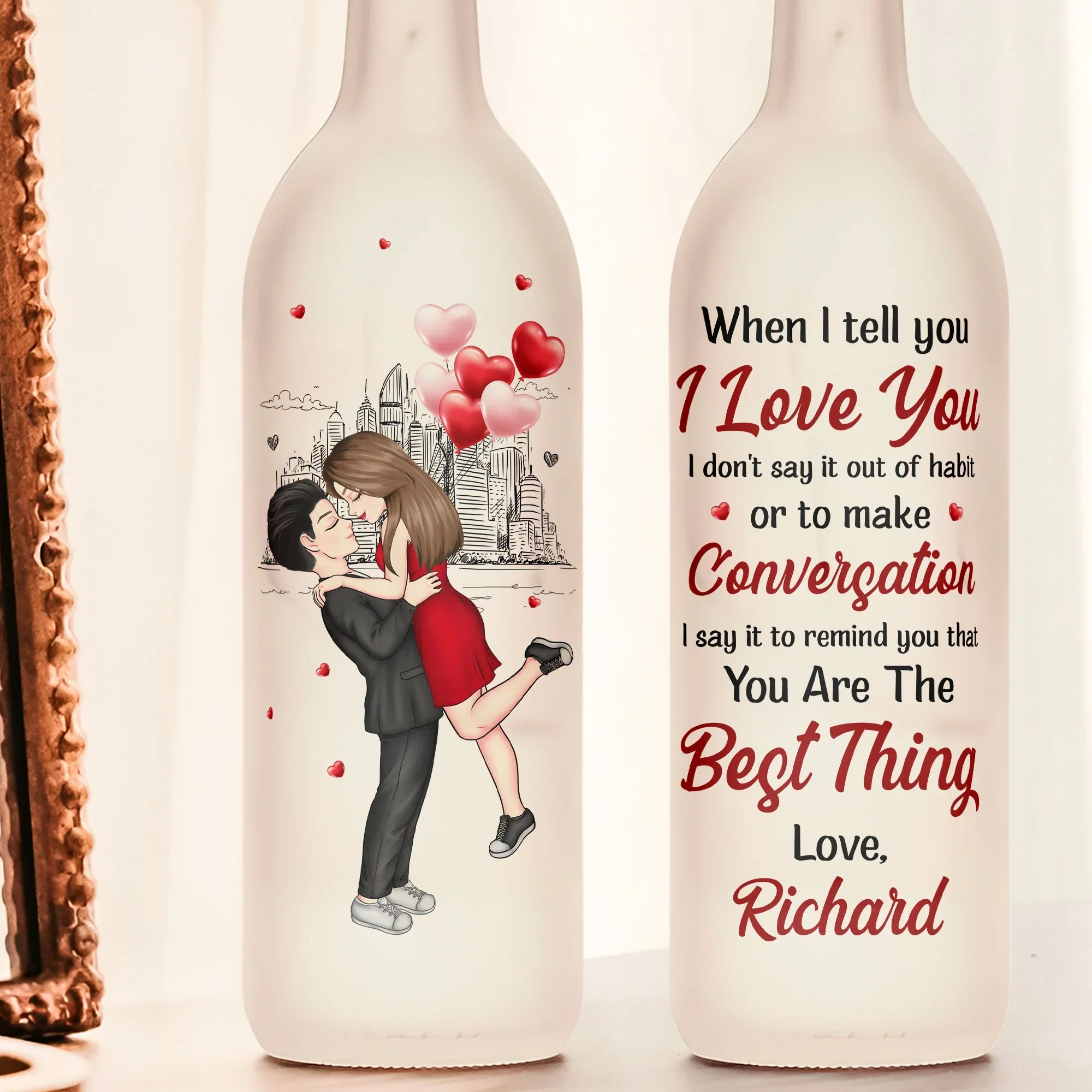 Personalized Bottle Lamp With Romantic Love Quote, Kissing Couple City Sketch, Warm Glow Bedroom Decor, Unique Gift for Her - Image 2